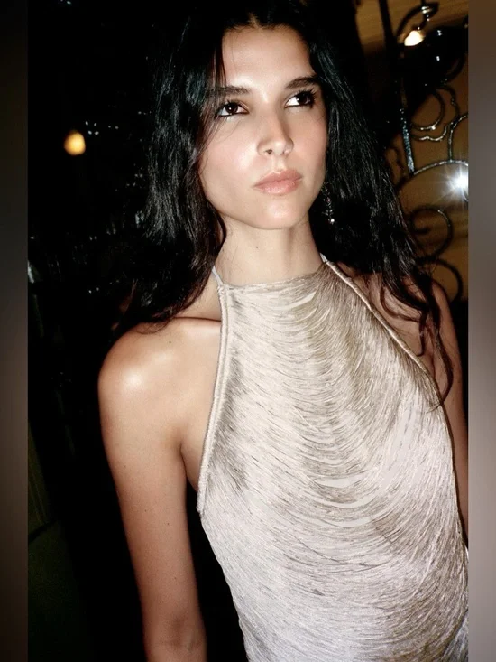 Zara Sleeveless Fringe Shimmer Halter Top in Champagne Pink - Picture 4 of 7